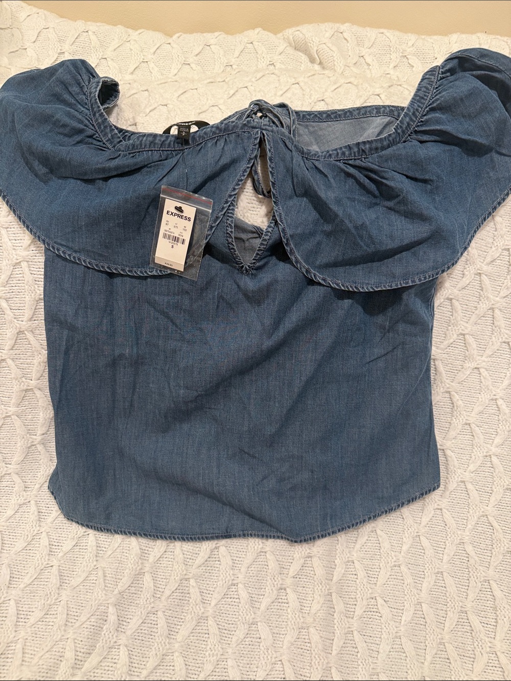 Express Blue Off-Shoulder Denim Peasant Top